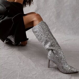 Free People Vicenza After Midnight Silver Sequin Leather Knee High Heel Boots 7
